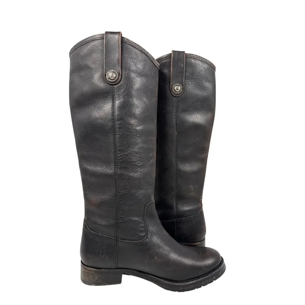 Frye Melissa Double Sole Button Lug Tall Boot Womens 6.5 M Black Antique Leather